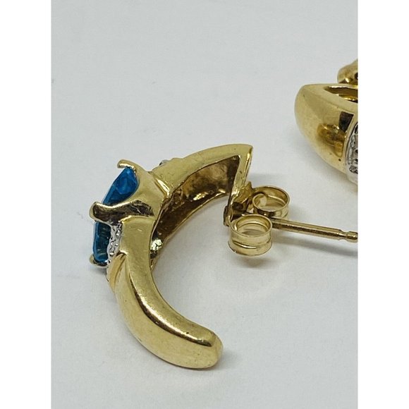 10K Yellow Gold Blue Topaz Diamond Earrings Half Hoop - Picture 7 of 7